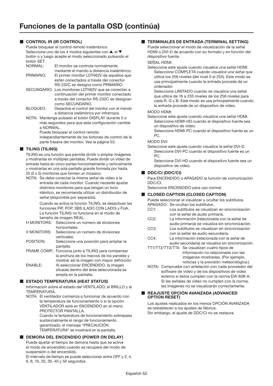 Funciones de la pantalla osd (continúa) | MITSUBISHI ELECTRIC LDT462V User Manual | Page 176 / 368