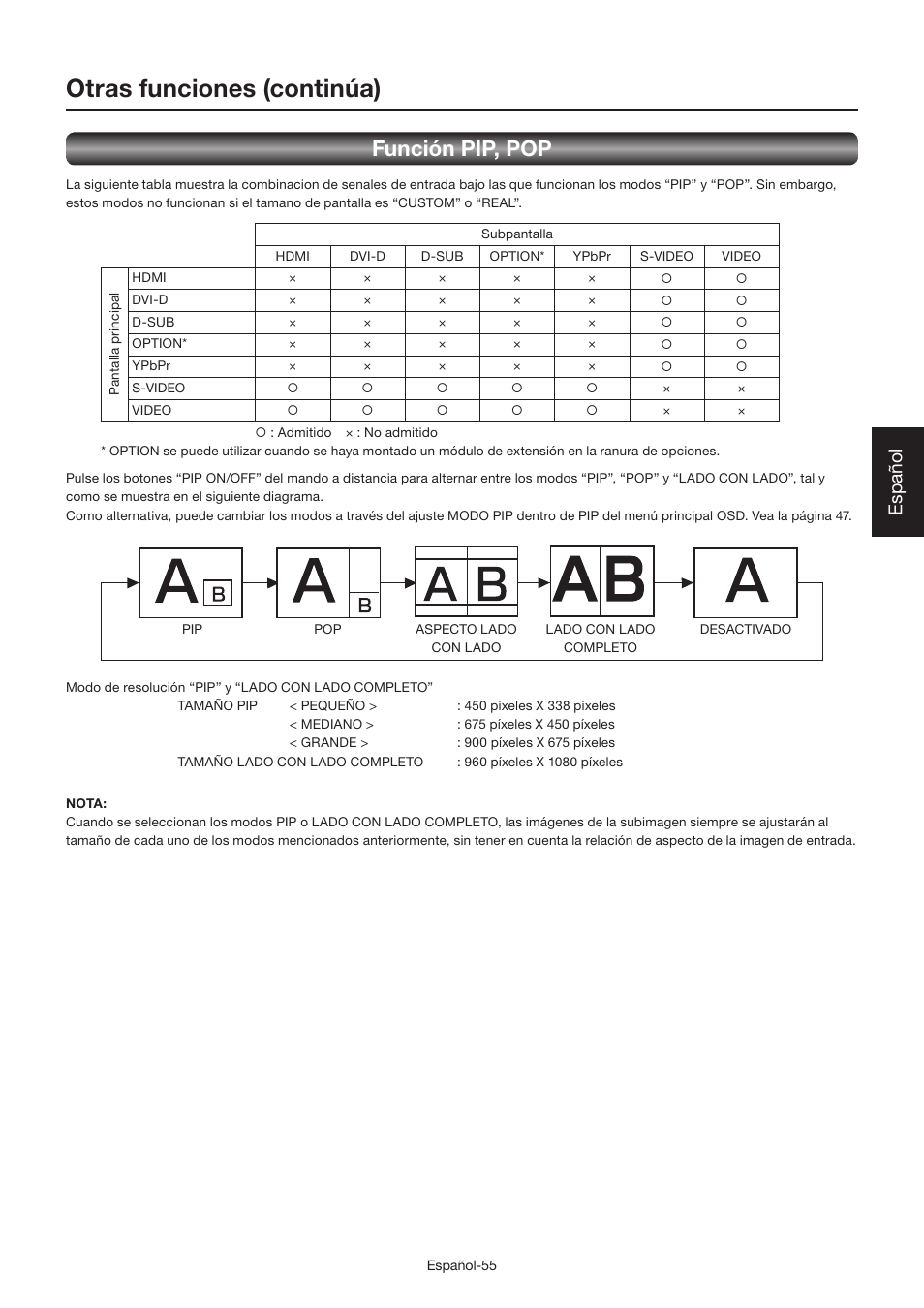 Otras funciones (continúa), Función pip, pop, Español | MITSUBISHI ELECTRIC LDT462V User Manual | Page 179 / 368