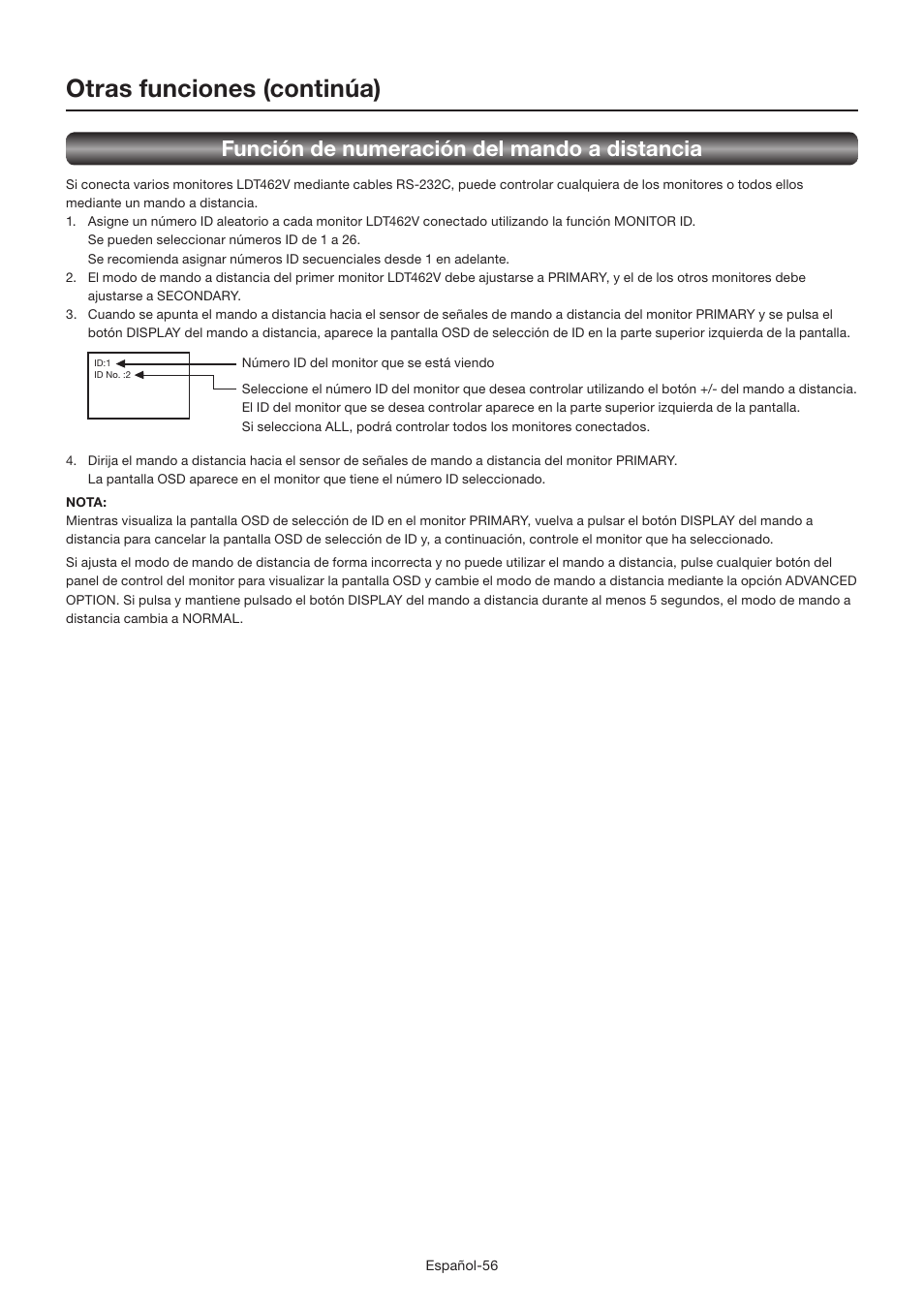 Otras funciones (continúa), Función de numeración del mando a distancia | MITSUBISHI ELECTRIC LDT462V User Manual | Page 180 / 368