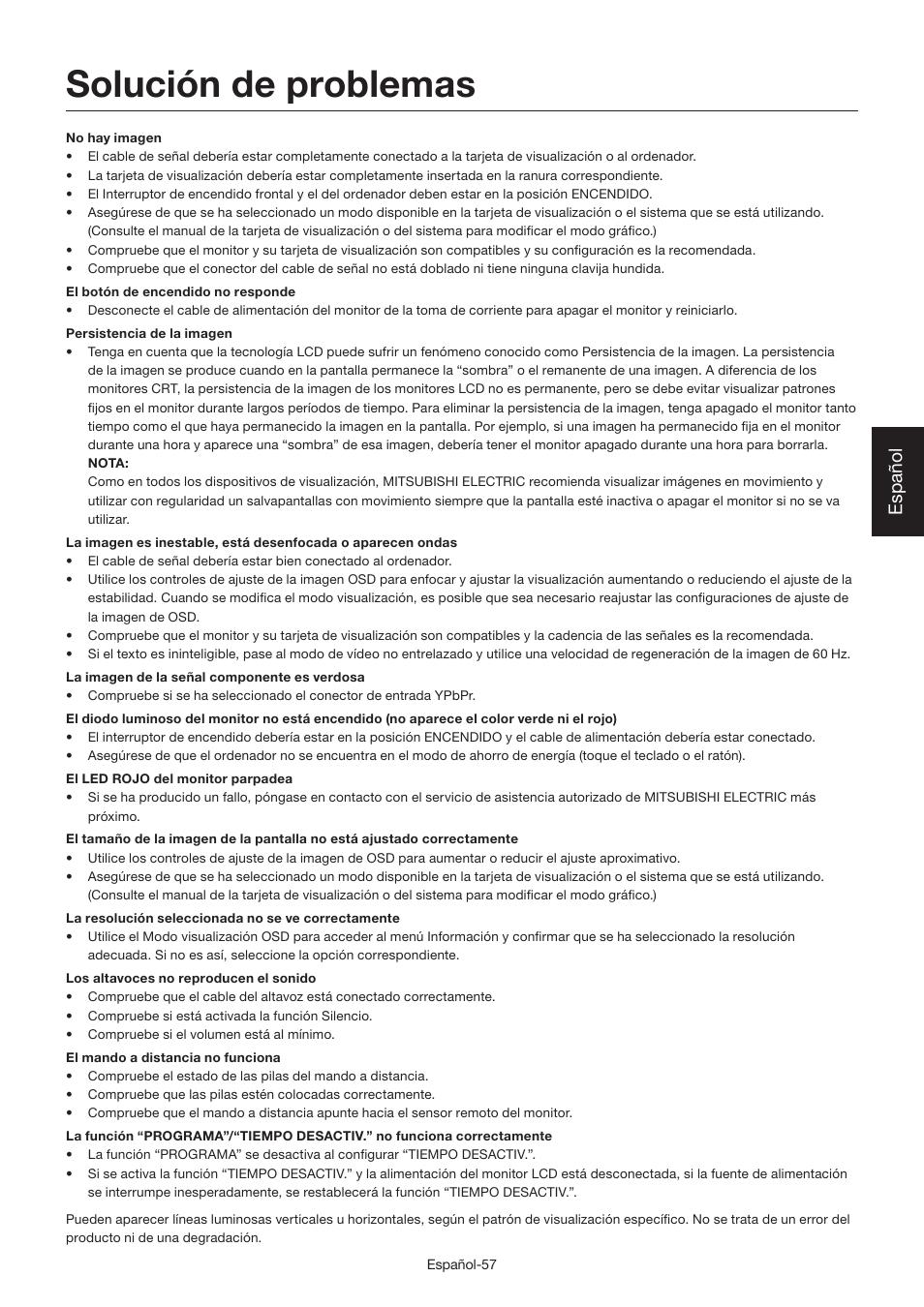 Solución de problemas, Español | MITSUBISHI ELECTRIC LDT462V User Manual | Page 181 / 368