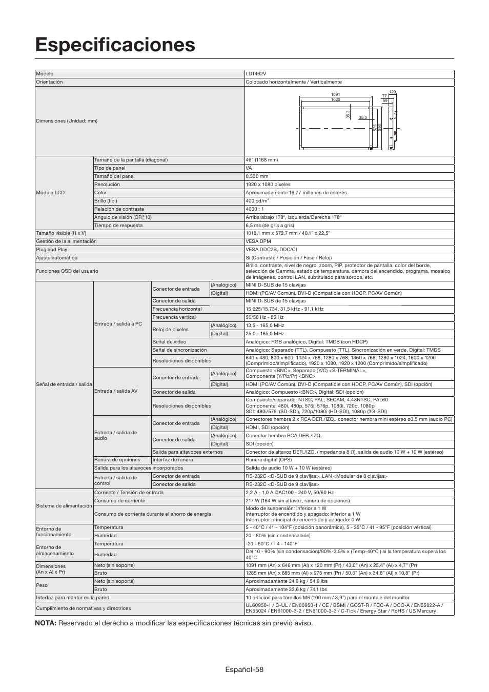 Especifi caciones, Español-58 | MITSUBISHI ELECTRIC LDT462V User Manual | Page 182 / 368