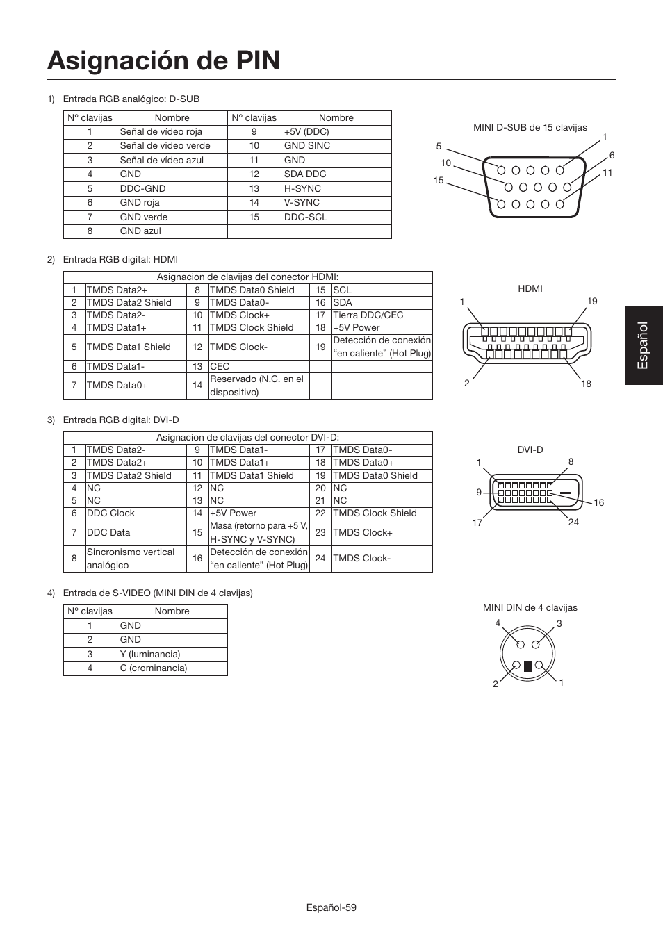 Asignación de pin, Español | MITSUBISHI ELECTRIC LDT462V User Manual | Page 183 / 368