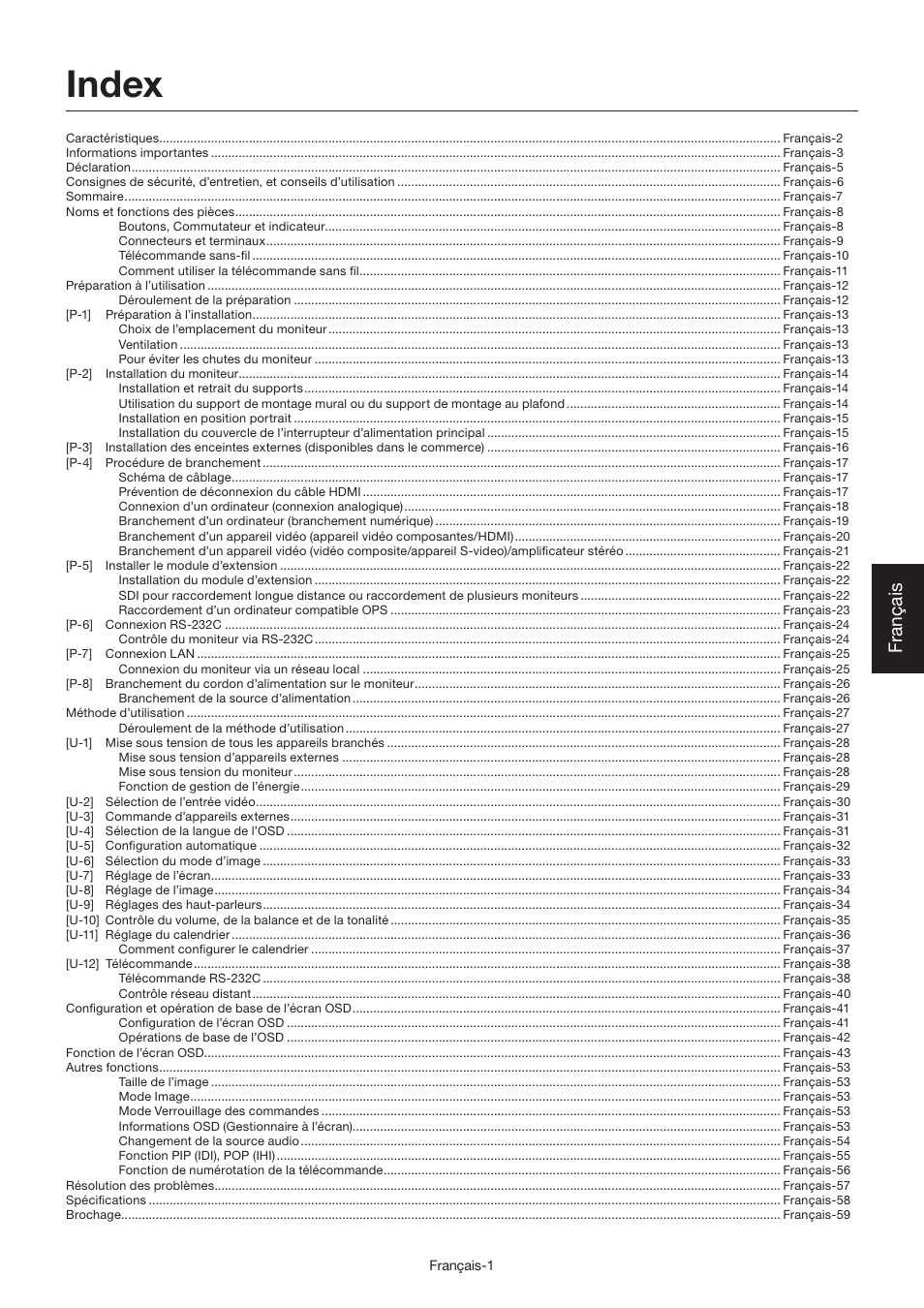 Index, Français | MITSUBISHI ELECTRIC LDT462V User Manual | Page 185 / 368