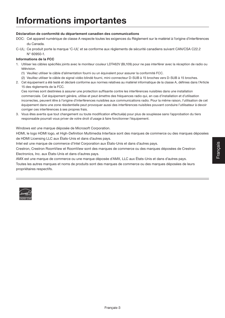 Informations importantes, Français | MITSUBISHI ELECTRIC LDT462V User Manual | Page 187 / 368