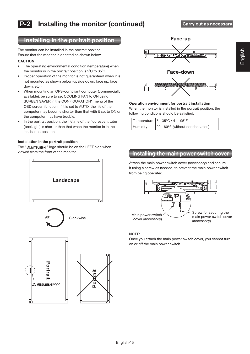 P-2 installing the monitor (continued), Installing in the portrait position, Installing the main power switch cover | English, Face-up face-down, Po rt ra it po rt ra it, Landscape | MITSUBISHI ELECTRIC LDT462V User Manual | Page 19 / 368