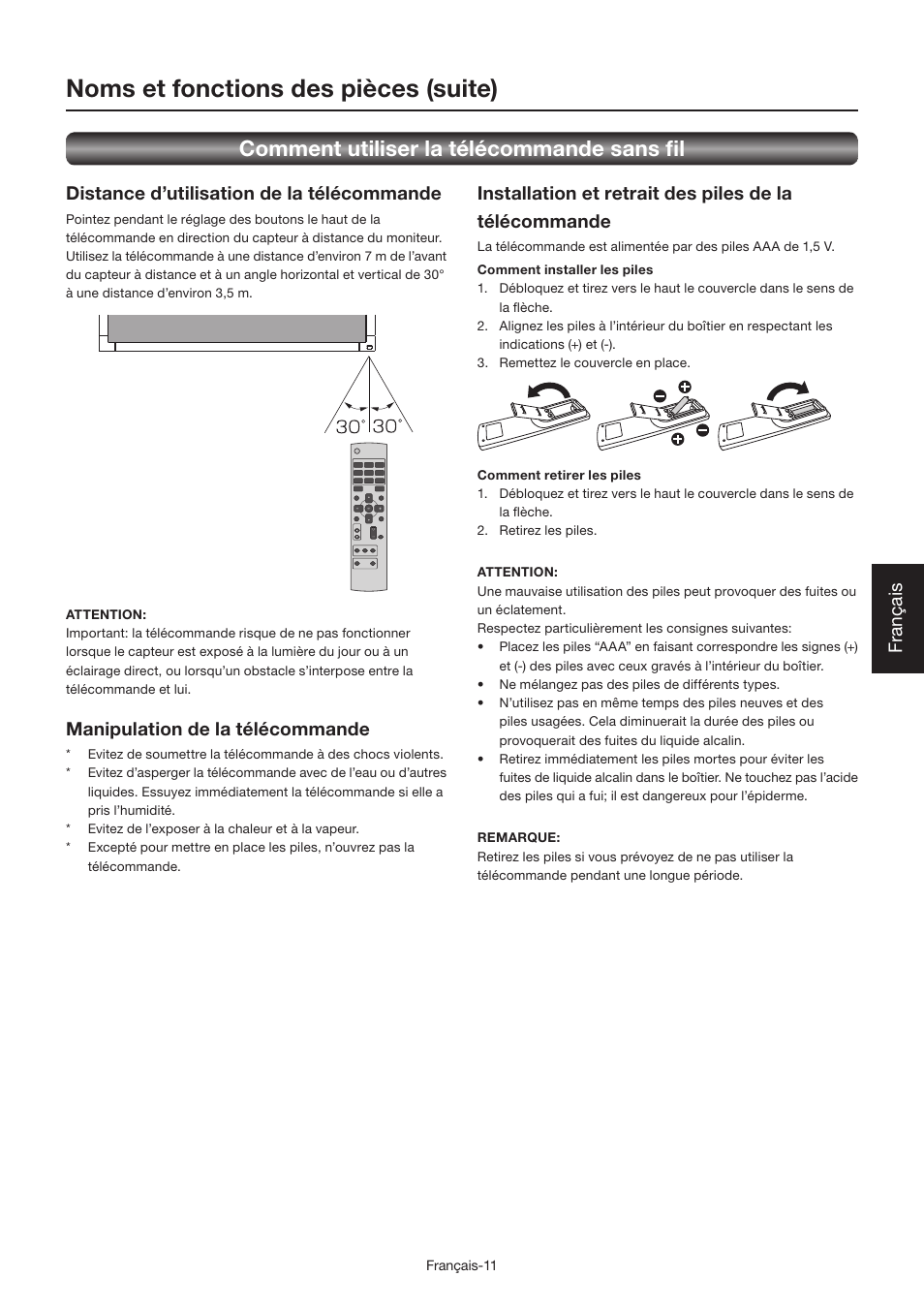 Noms et fonctions des pièces (suite), Comment utiliser la télécommande sans fi l, Français distance d’utilisation de la télécommande | Manipulation de la télécommande | MITSUBISHI ELECTRIC LDT462V User Manual | Page 195 / 368