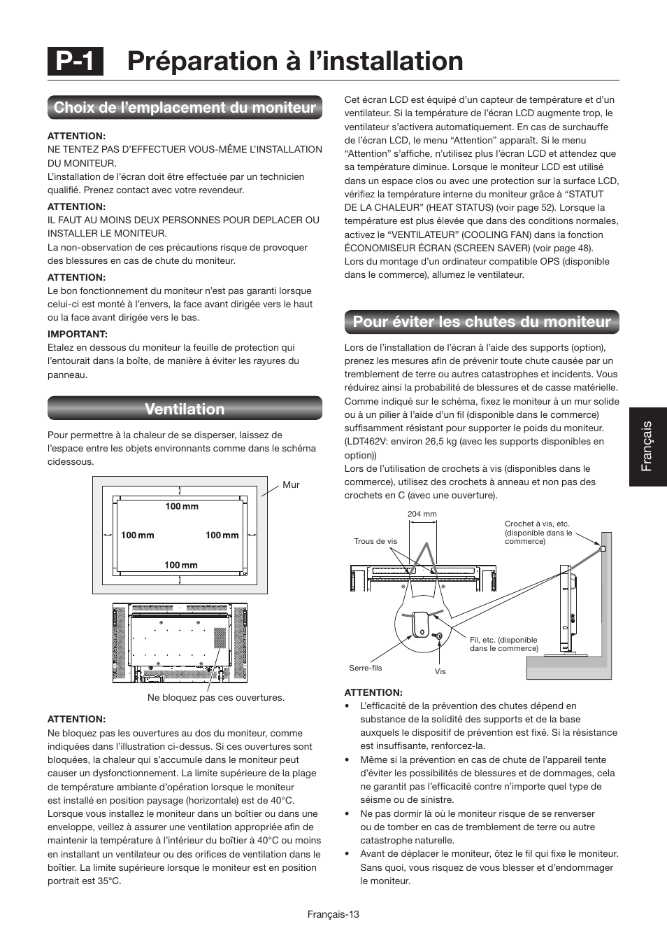 P-1 préparation à l’installation, Pour éviter les chutes du moniteur, Choix de l’emplacement du moniteur | Ventilation, Français | MITSUBISHI ELECTRIC LDT462V User Manual | Page 197 / 368