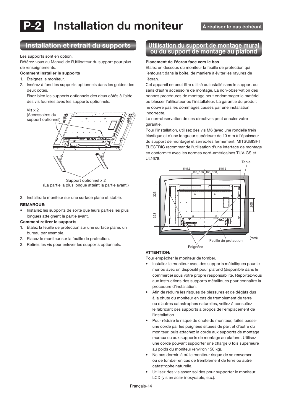 P-2 installation du moniteur, Installation et retrait du supports | MITSUBISHI ELECTRIC LDT462V User Manual | Page 198 / 368