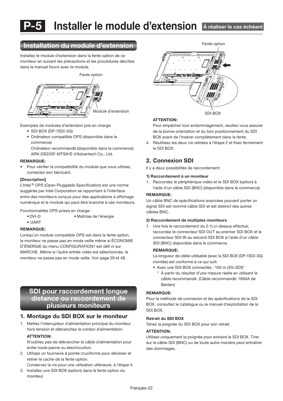 P-5 installer le module d’extension, Installation du module d’extension, Connexion sdi | Montage du sdi box sur le moniteur | MITSUBISHI ELECTRIC LDT462V User Manual | Page 206 / 368