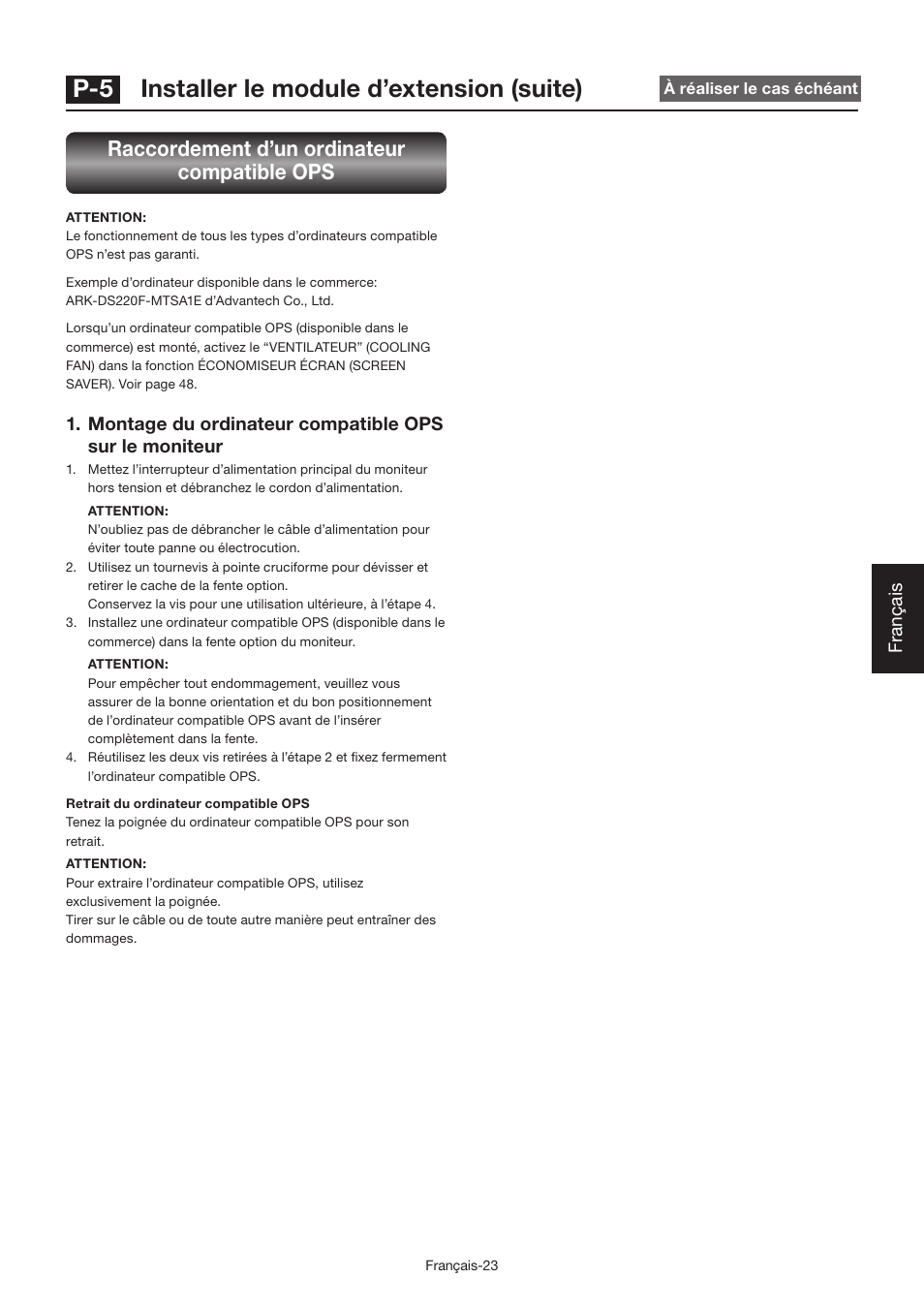 P-5 installer le module d’extension (suite), Raccordement d’un ordinateur compatible ops, Français | MITSUBISHI ELECTRIC LDT462V User Manual | Page 207 / 368