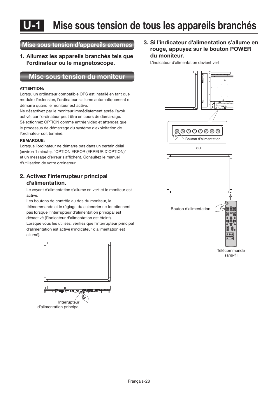 Mise sous tension d’appareils externes, Mise sous tension du moniteur | MITSUBISHI ELECTRIC LDT462V User Manual | Page 212 / 368