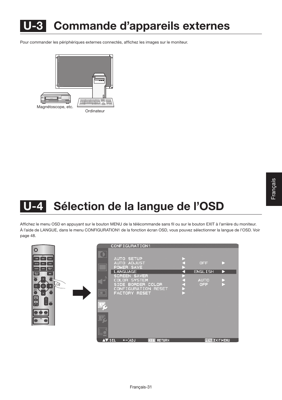 U-4 sélection de la langue de l’osd, U-3 commande d’appareils externes | MITSUBISHI ELECTRIC LDT462V User Manual | Page 215 / 368