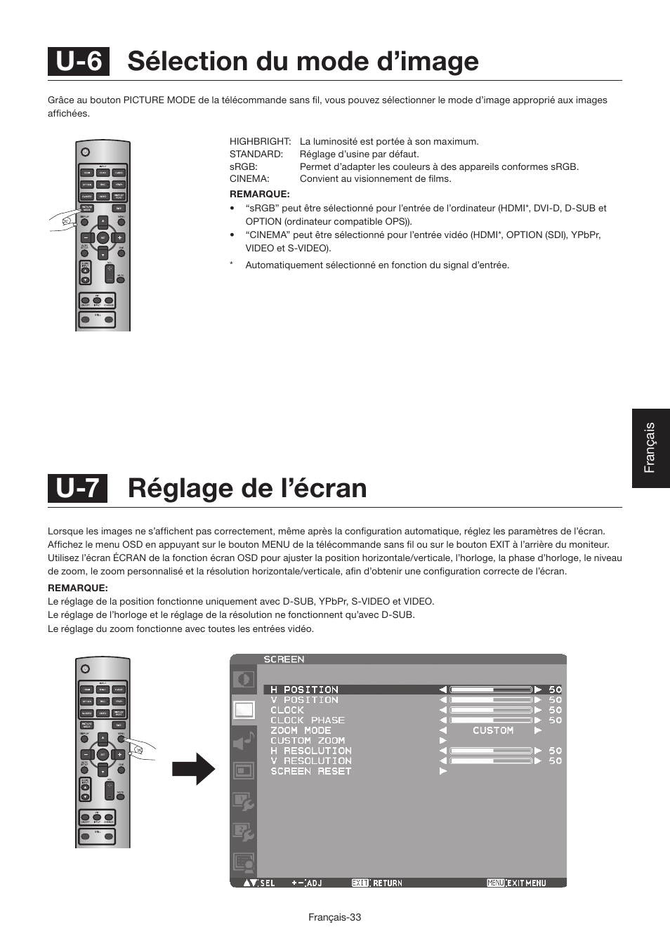 U-7 réglage de l’écran, U-6 sélection du mode d’image | MITSUBISHI ELECTRIC LDT462V User Manual | Page 217 / 368