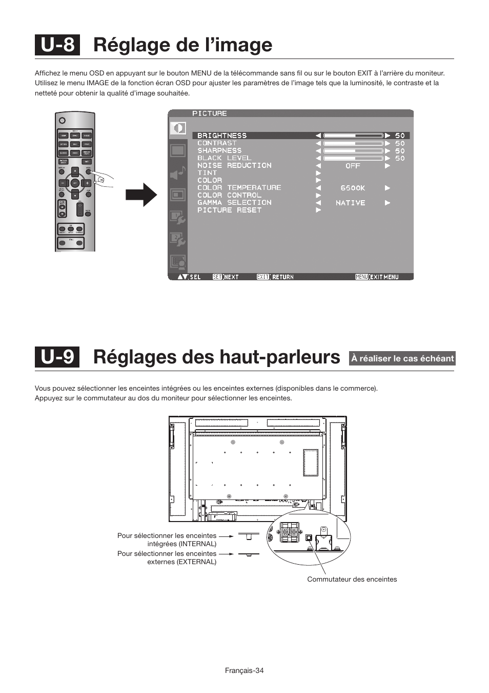 U-9 réglages des haut-parleurs, U-8 réglage de l’image | MITSUBISHI ELECTRIC LDT462V User Manual | Page 218 / 368