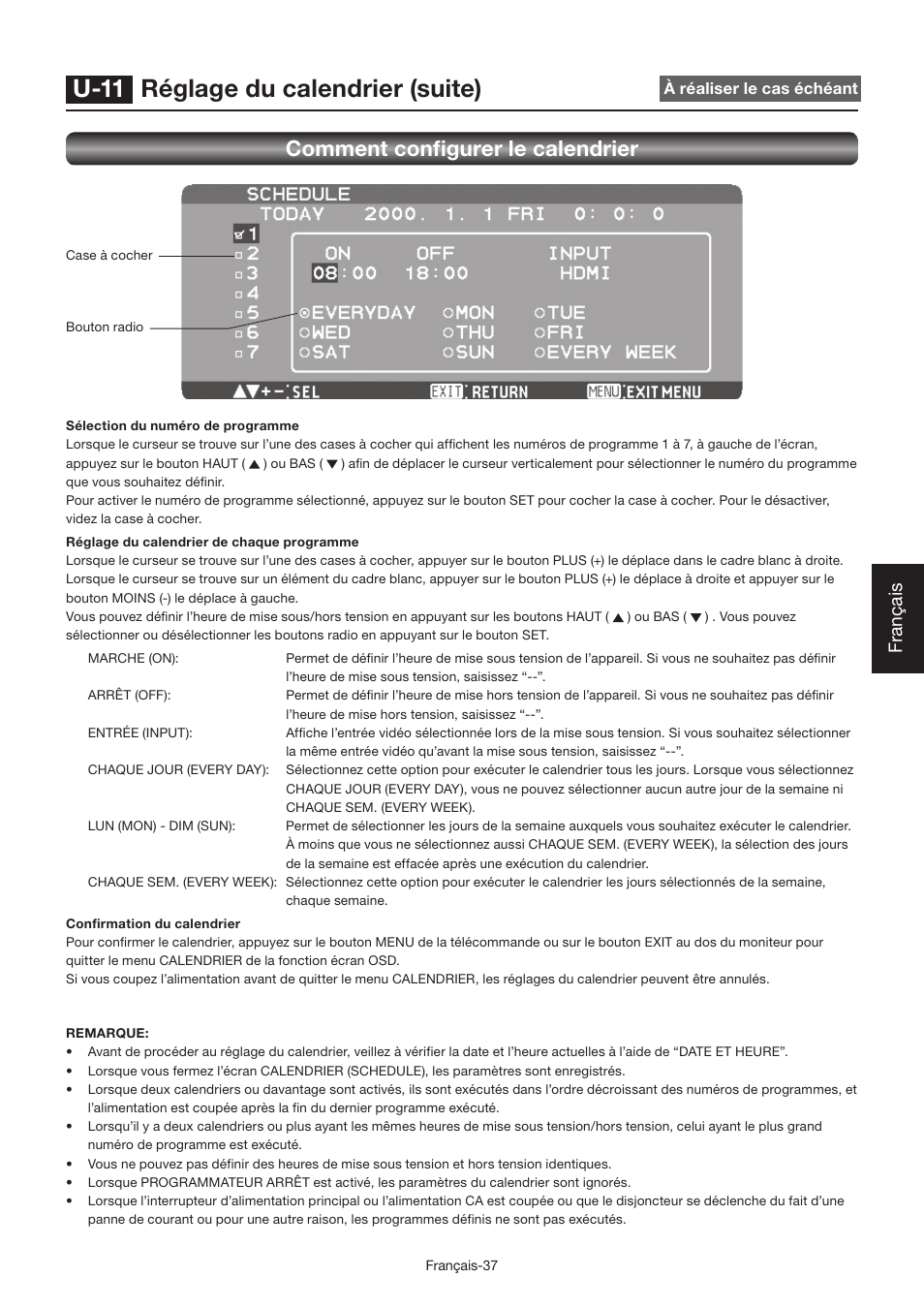 U-11 réglage du calendrier (suite), Comment confi gurer le calendrier, Français | MITSUBISHI ELECTRIC LDT462V User Manual | Page 221 / 368