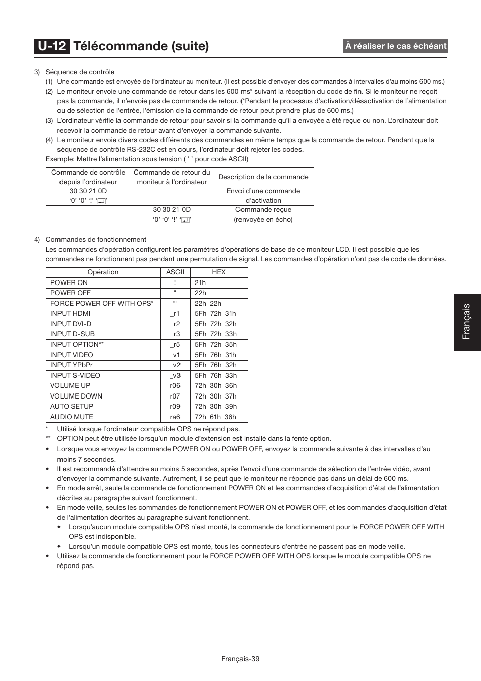 U-12 télécommande (suite), Français | MITSUBISHI ELECTRIC LDT462V User Manual | Page 223 / 368