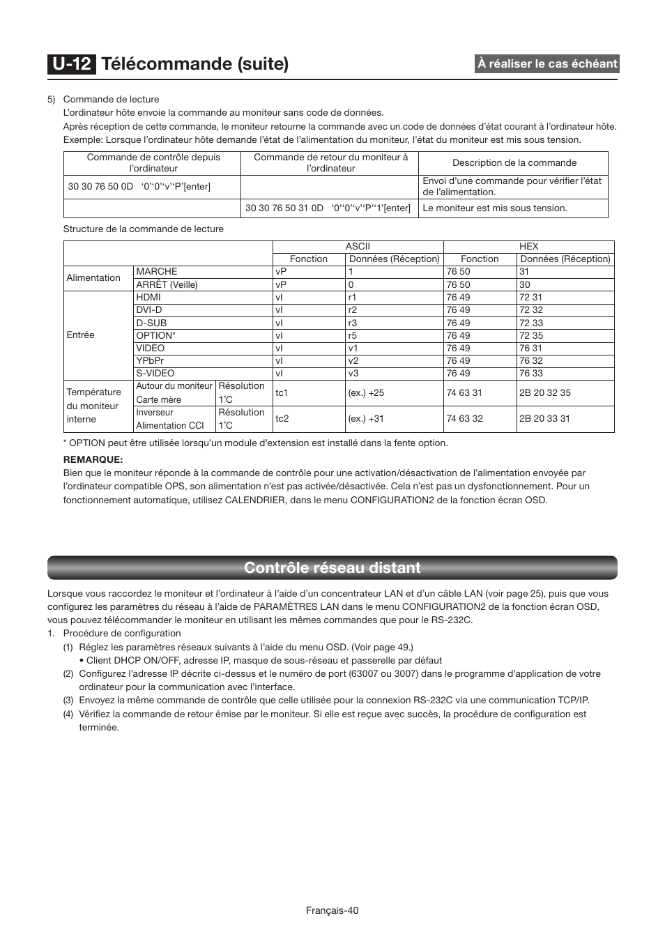 U-12 télécommande (suite), Contrôle réseau distant | MITSUBISHI ELECTRIC LDT462V User Manual | Page 224 / 368