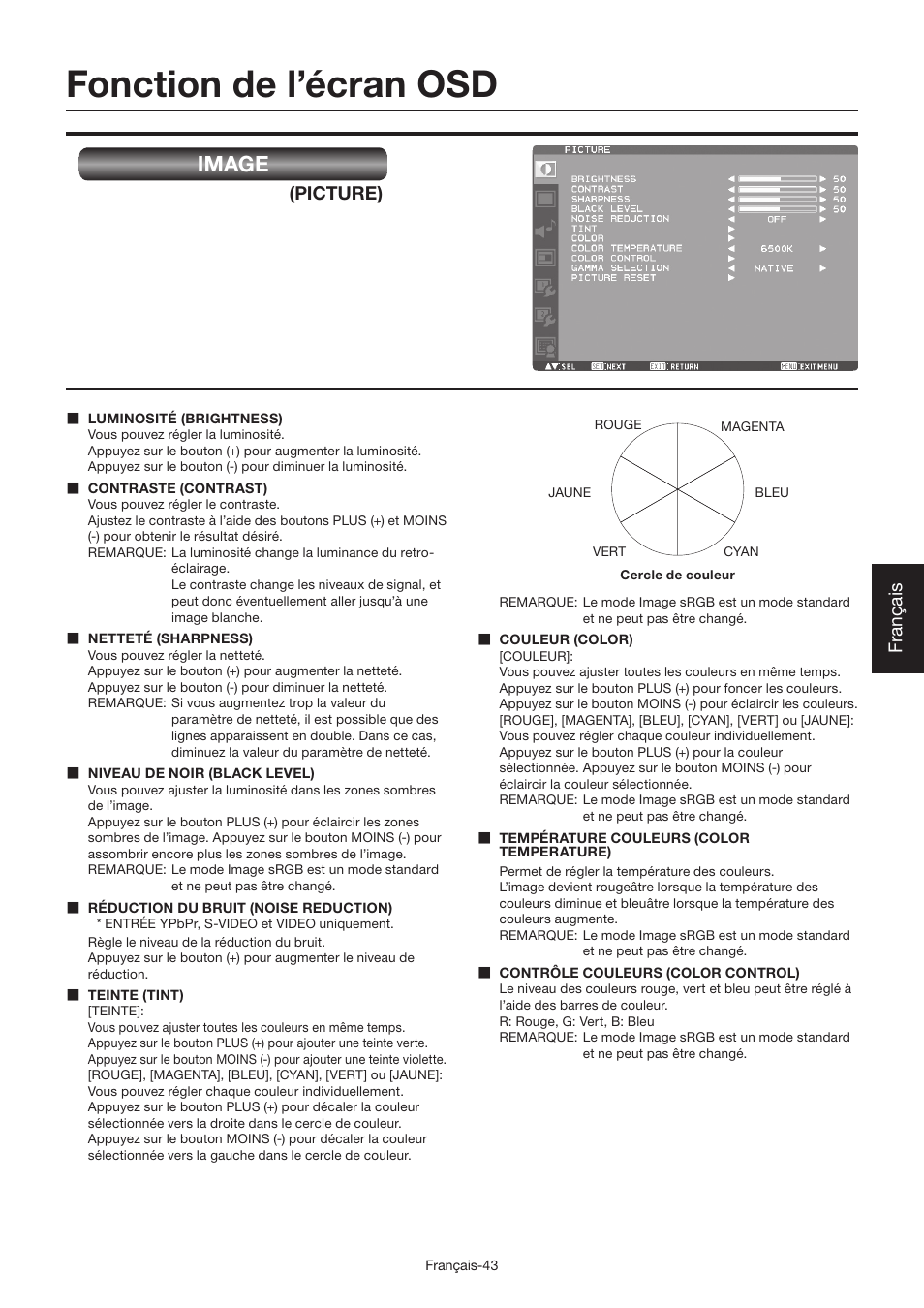 Fonction de l’écran osd, Image, Français | Picture) | MITSUBISHI ELECTRIC LDT462V User Manual | Page 227 / 368