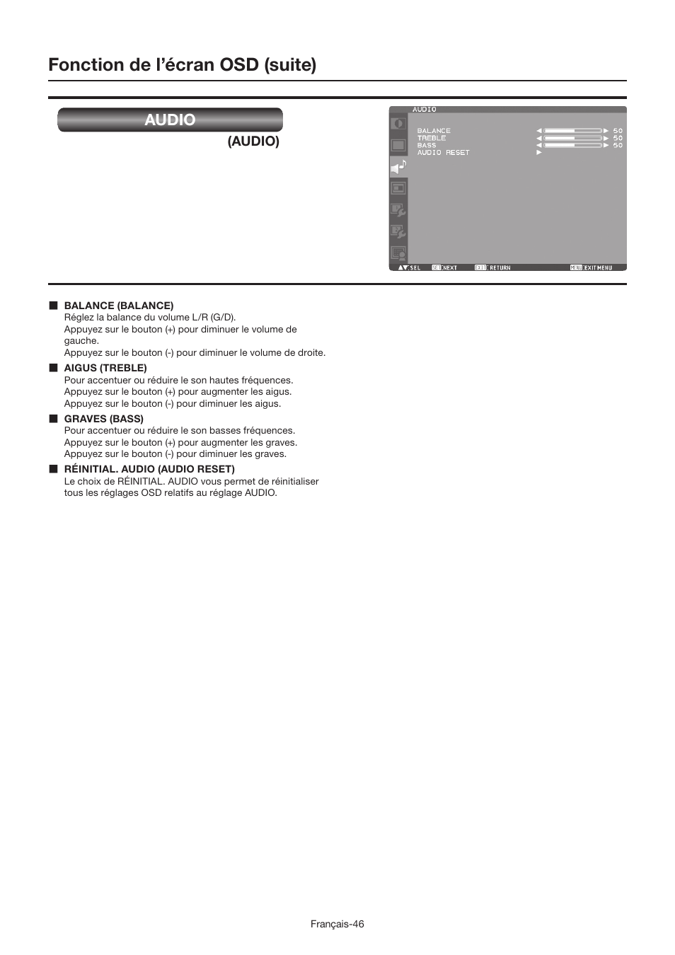 Fonction de l’écran osd (suite), Audio | MITSUBISHI ELECTRIC LDT462V User Manual | Page 230 / 368