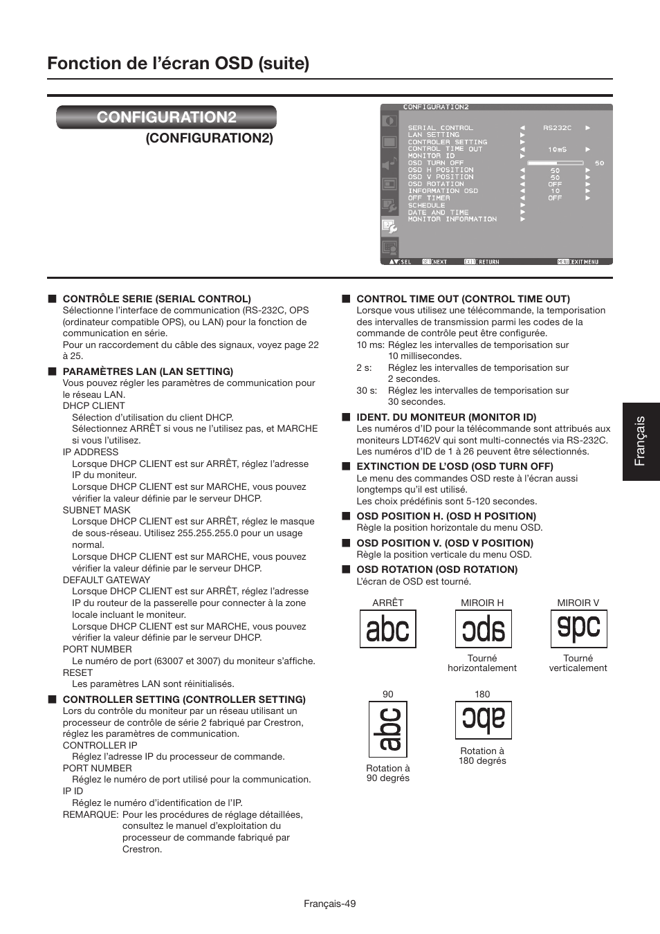 Fonction de l’écran osd (suite), Configuration2, Français | Configuration2) | MITSUBISHI ELECTRIC LDT462V User Manual | Page 233 / 368