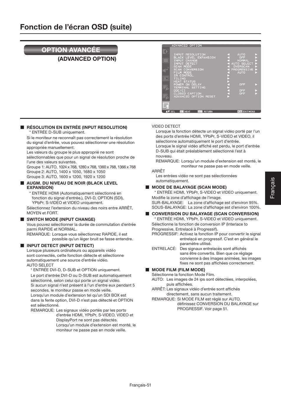 Fonction de l’écran osd (suite), Option avancée, Français | Advanced option) | MITSUBISHI ELECTRIC LDT462V User Manual | Page 235 / 368