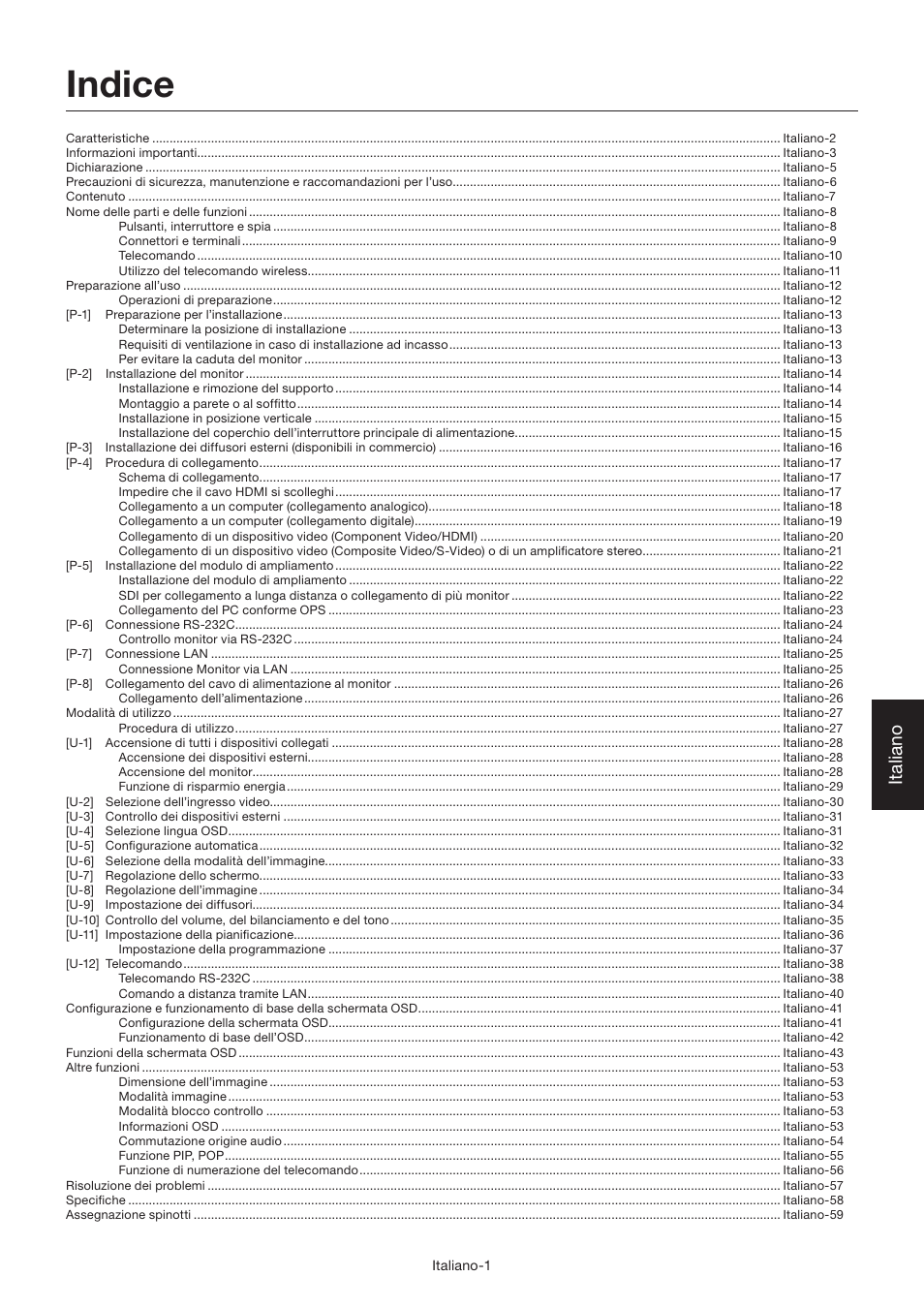 Indice, Italiano | MITSUBISHI ELECTRIC LDT462V User Manual | Page 245 / 368