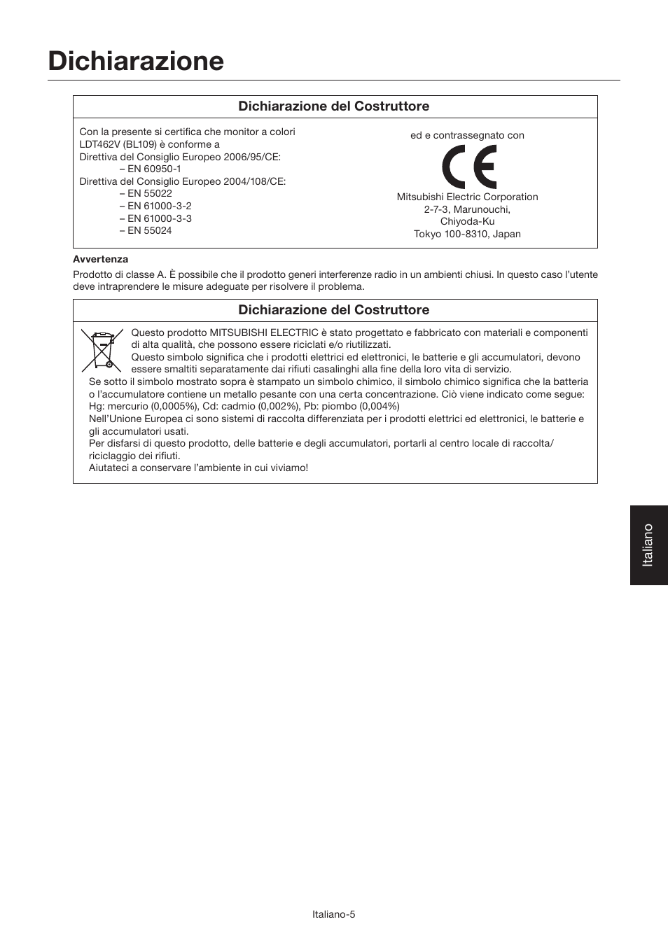 Dichiarazione | MITSUBISHI ELECTRIC LDT462V User Manual | Page 249 / 368