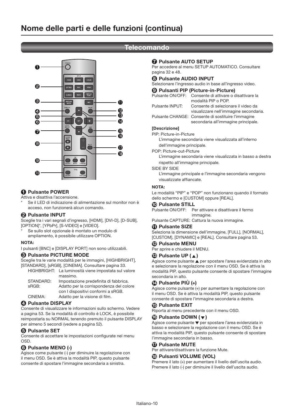 Nome delle parti e delle funzioni (continua), Telecomando | MITSUBISHI ELECTRIC LDT462V User Manual | Page 254 / 368