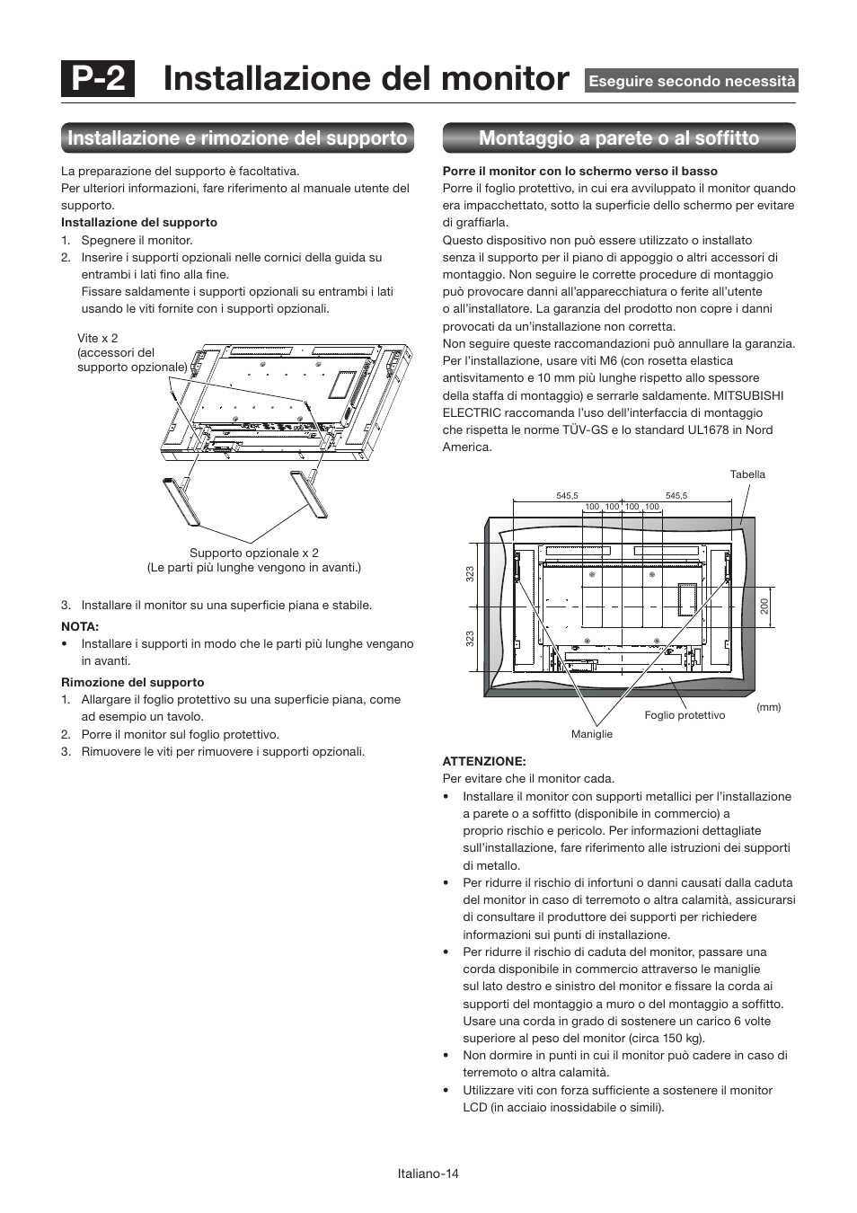 P-2 installazione del monitor, Montaggio a parete o al soffi tto, Installazione e rimozione del supporto | MITSUBISHI ELECTRIC LDT462V User Manual | Page 258 / 368