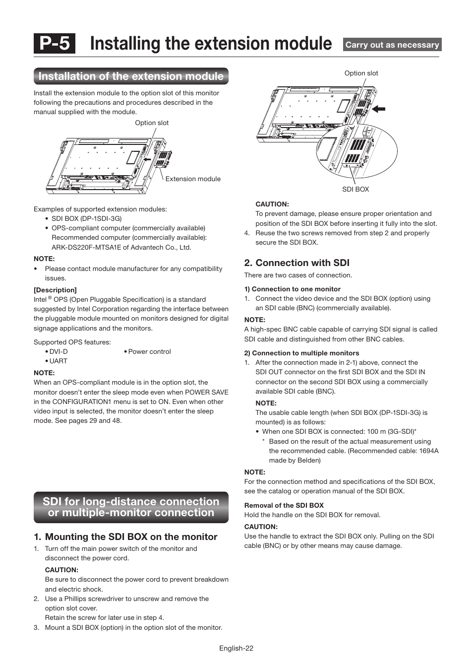 P-5 installing the extension module, Installation of the extension module, Mounting the sdi box on the monitor | Connection with sdi | MITSUBISHI ELECTRIC LDT462V User Manual | Page 26 / 368