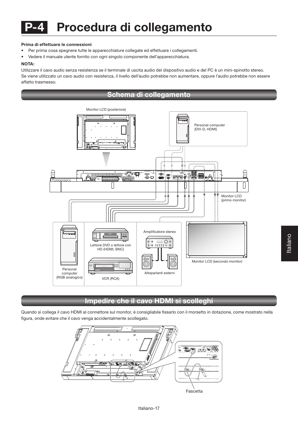 P-4 procedura di collegamento, Impedire che il cavo hdmi si scolleghi, Schema di collegamento | Italiano | MITSUBISHI ELECTRIC LDT462V User Manual | Page 261 / 368