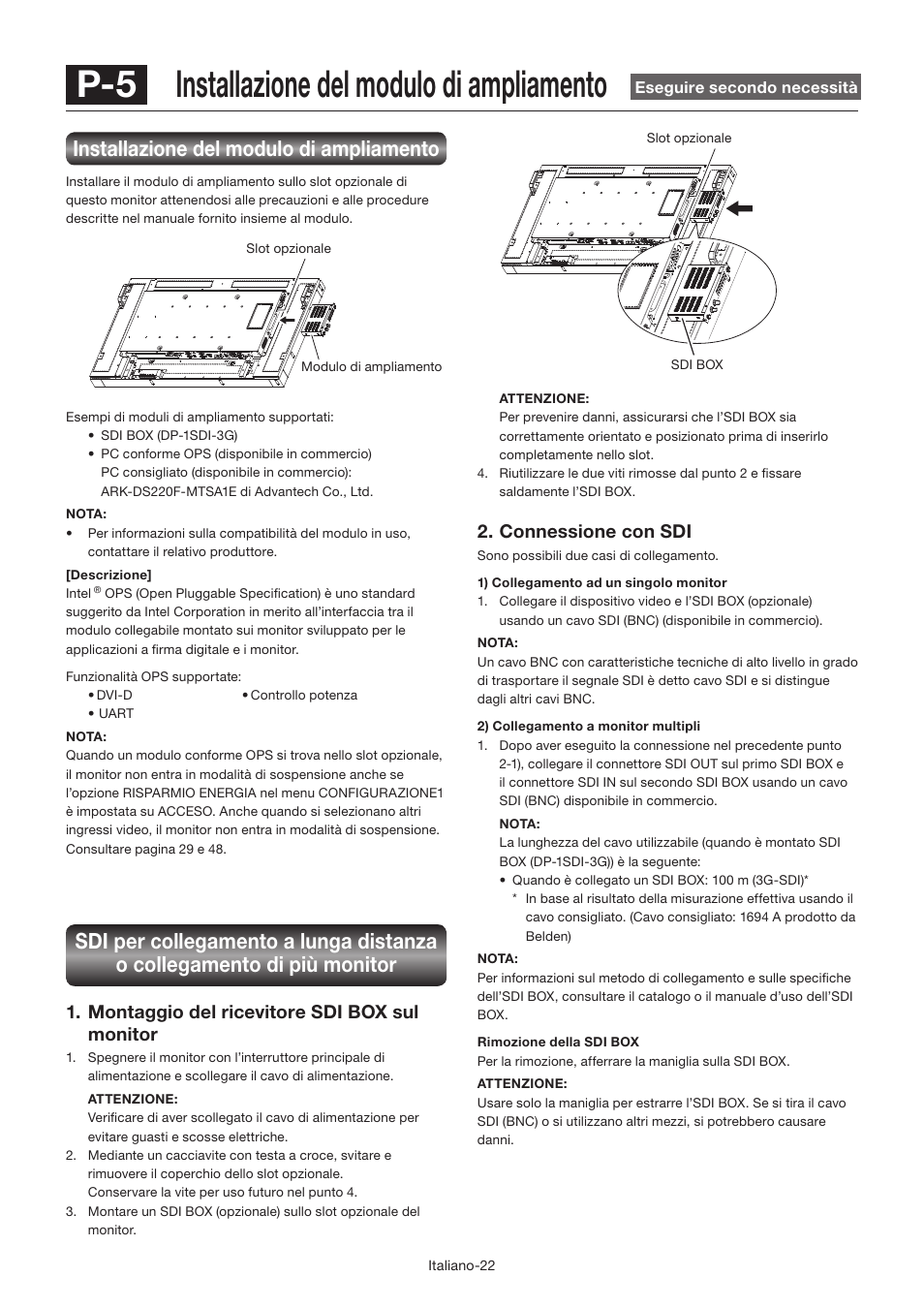 P-5 installazione del modulo di ampliamento, Installazione del modulo di ampliamento, Montaggio del ricevitore sdi box sul monitor | Connessione con sdi | MITSUBISHI ELECTRIC LDT462V User Manual | Page 266 / 368