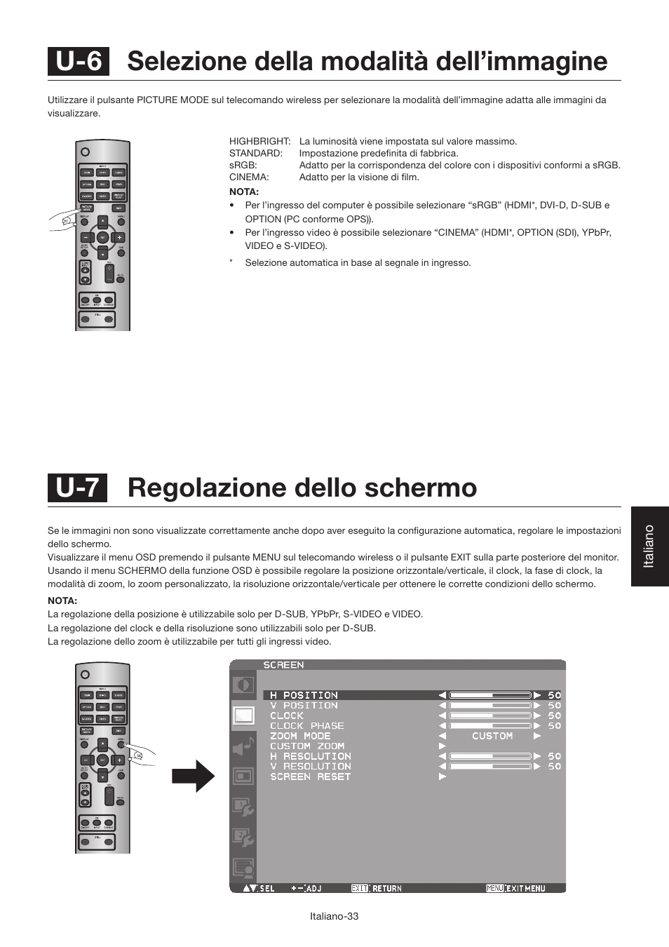 U-7 regolazione dello schermo, U-6 selezione della modalità dell’immagine | MITSUBISHI ELECTRIC LDT462V User Manual | Page 277 / 368