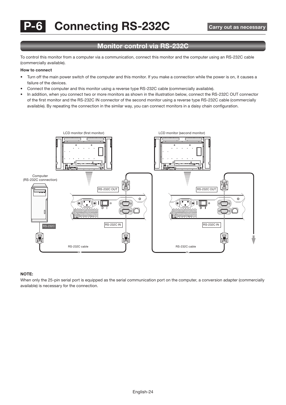 P-6 connecting rs-232c, Monitor control via rs-232c | MITSUBISHI ELECTRIC LDT462V User Manual | Page 28 / 368