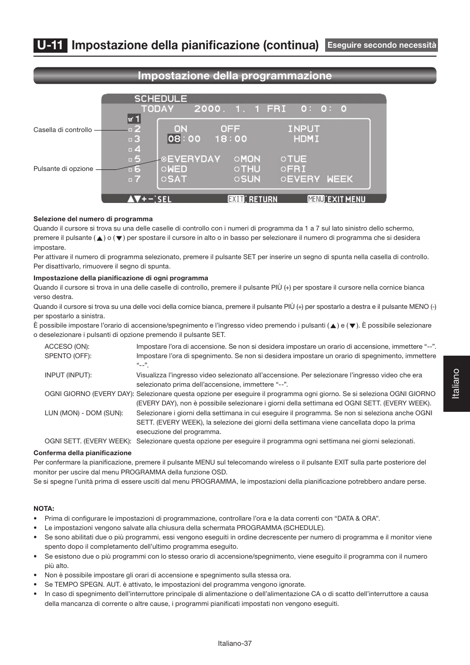 U-11 impostazione della pianifi cazione (continua), Impostazione della programmazione, Italiano | MITSUBISHI ELECTRIC LDT462V User Manual | Page 281 / 368