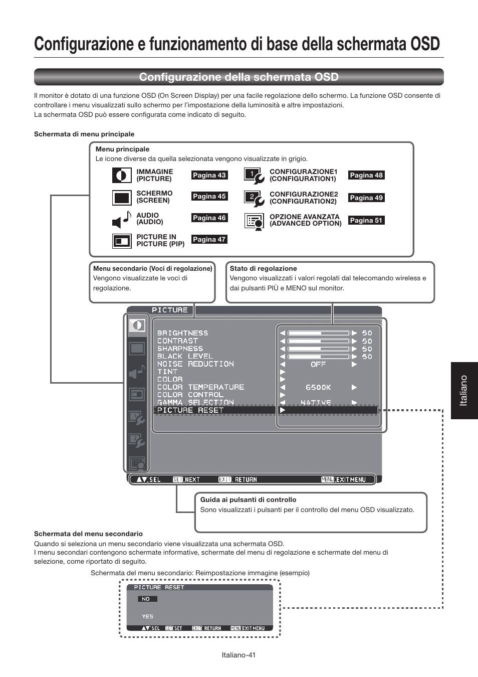 Confi gurazione della schermata osd, Italiano | MITSUBISHI ELECTRIC LDT462V User Manual | Page 285 / 368