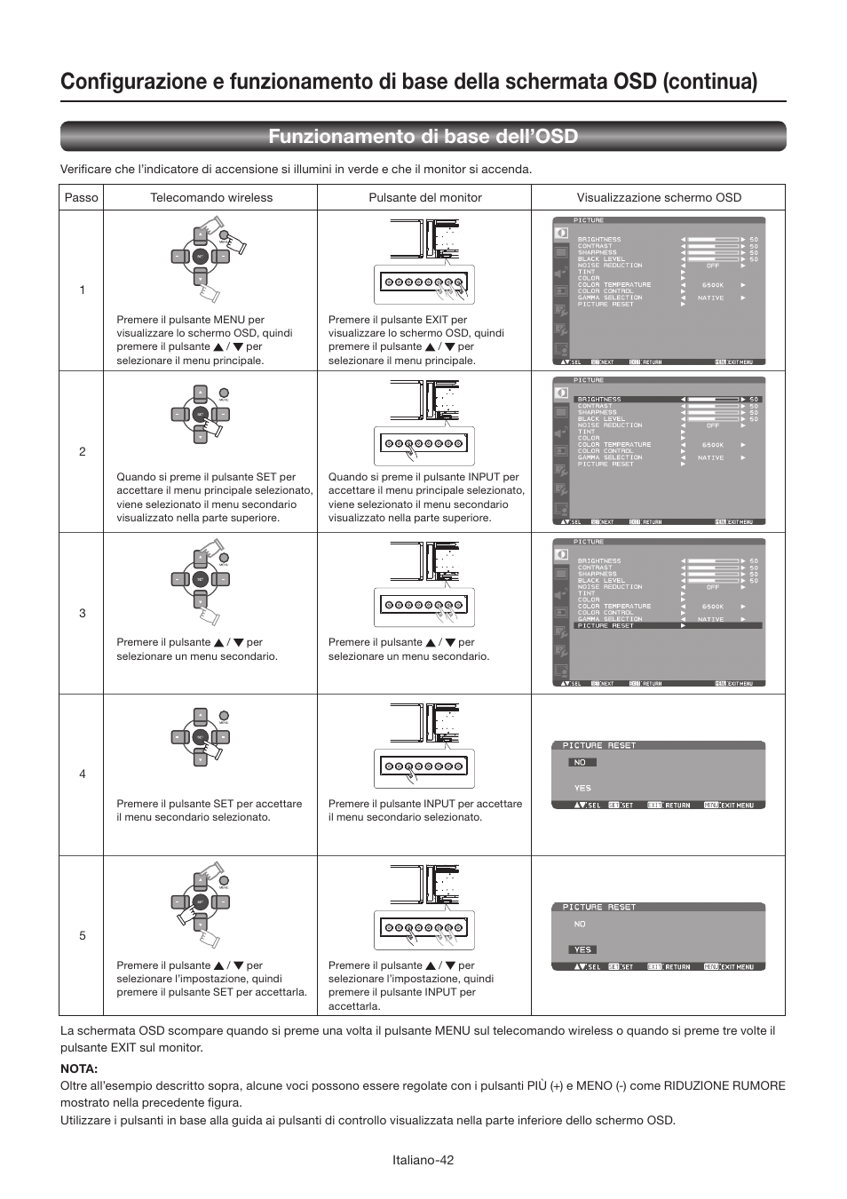 Funzionamento di base dell’osd | MITSUBISHI ELECTRIC LDT462V User Manual | Page 286 / 368