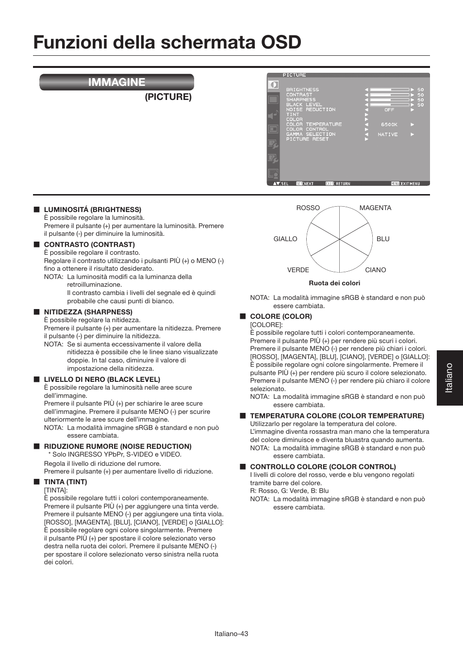 Funzioni della schermata osd, Immagine, Italiano | Picture) | MITSUBISHI ELECTRIC LDT462V User Manual | Page 287 / 368