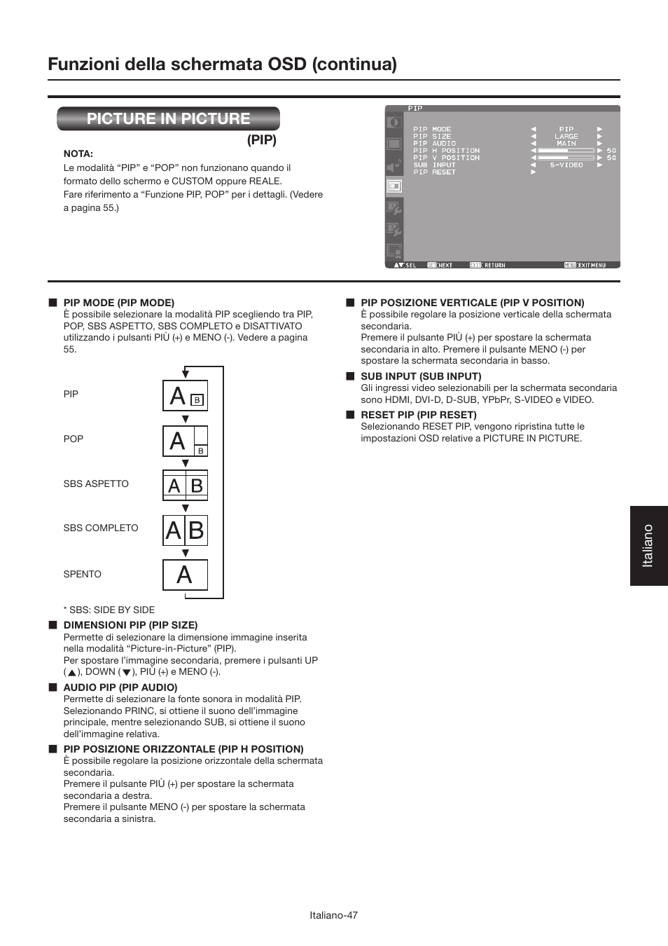 Funzioni della schermata osd (continua), Picture in picture, Italiano | Pip) | MITSUBISHI ELECTRIC LDT462V User Manual | Page 291 / 368