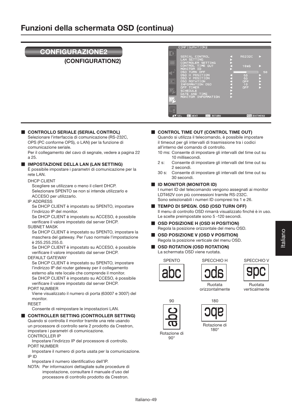 Funzioni della schermata osd (continua), Configurazione2, Italiano | Configuration2) | MITSUBISHI ELECTRIC LDT462V User Manual | Page 293 / 368