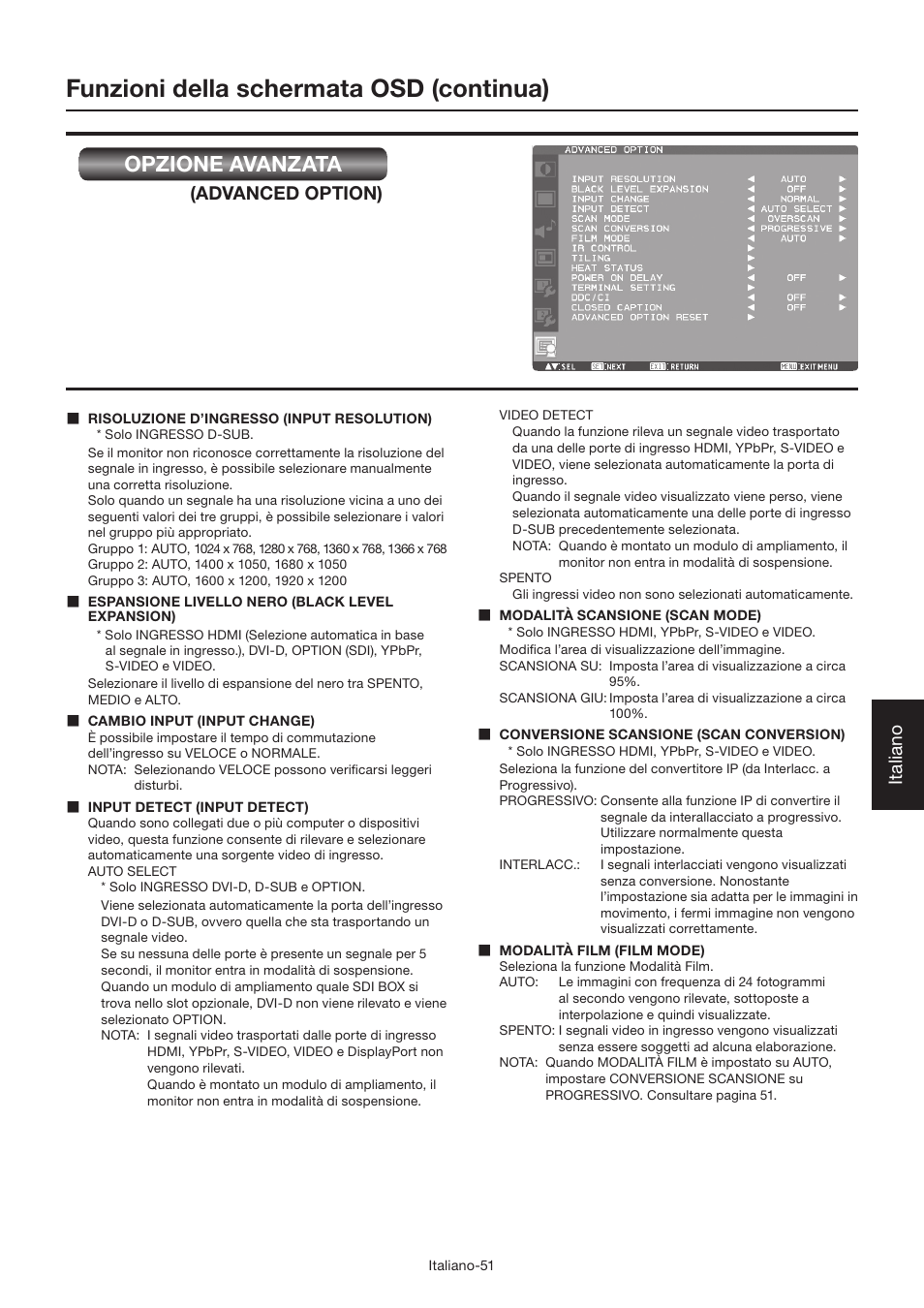 Funzioni della schermata osd (continua), Opzione avanzata, Italiano | Advanced option) | MITSUBISHI ELECTRIC LDT462V User Manual | Page 295 / 368