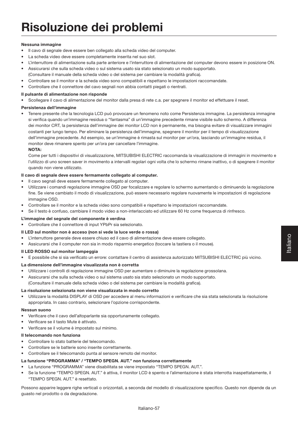 Risoluzione dei problemi, Italiano | MITSUBISHI ELECTRIC LDT462V User Manual | Page 301 / 368