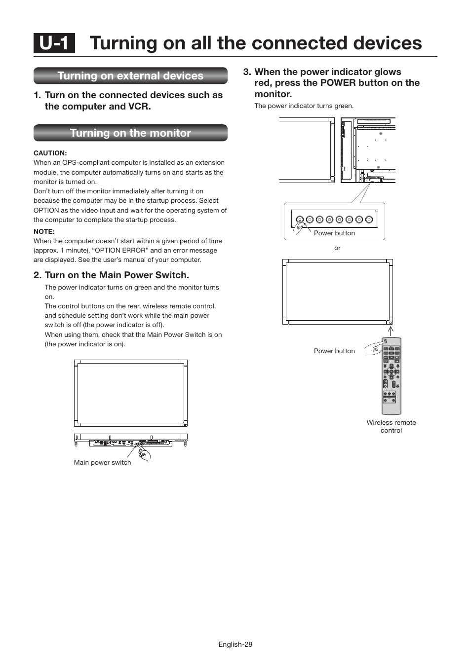 U-1 turning on all the connected devices, Turning on external devices, Turning on the monitor | MITSUBISHI ELECTRIC LDT462V User Manual | Page 32 / 368