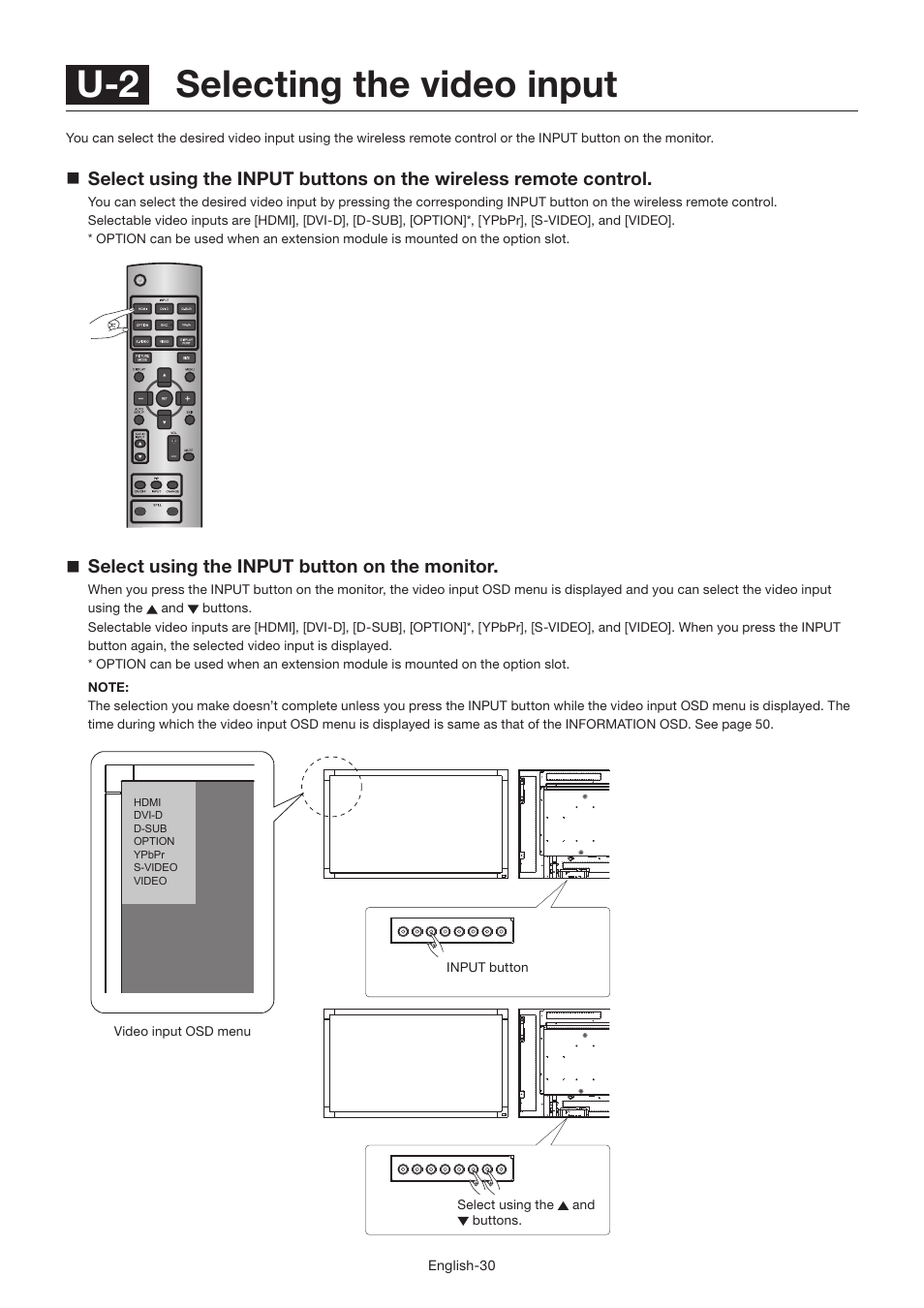 U-2 selecting the video input, Select using the input button on the monitor | MITSUBISHI ELECTRIC LDT462V User Manual | Page 34 / 368