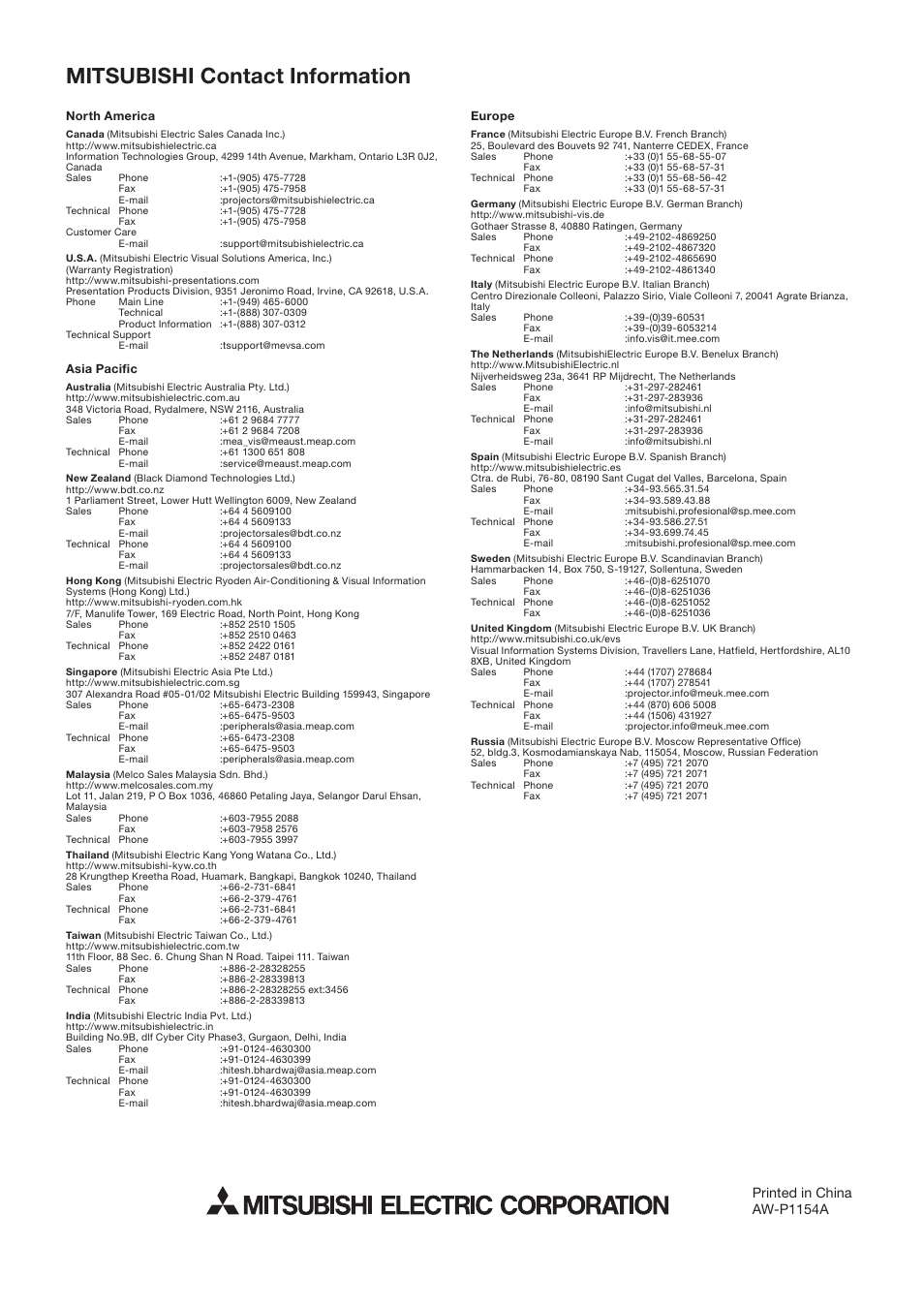 Mitsubishi contact information, Printed in china aw-p1154a | MITSUBISHI ELECTRIC LDT462V User Manual | Page 368 / 368