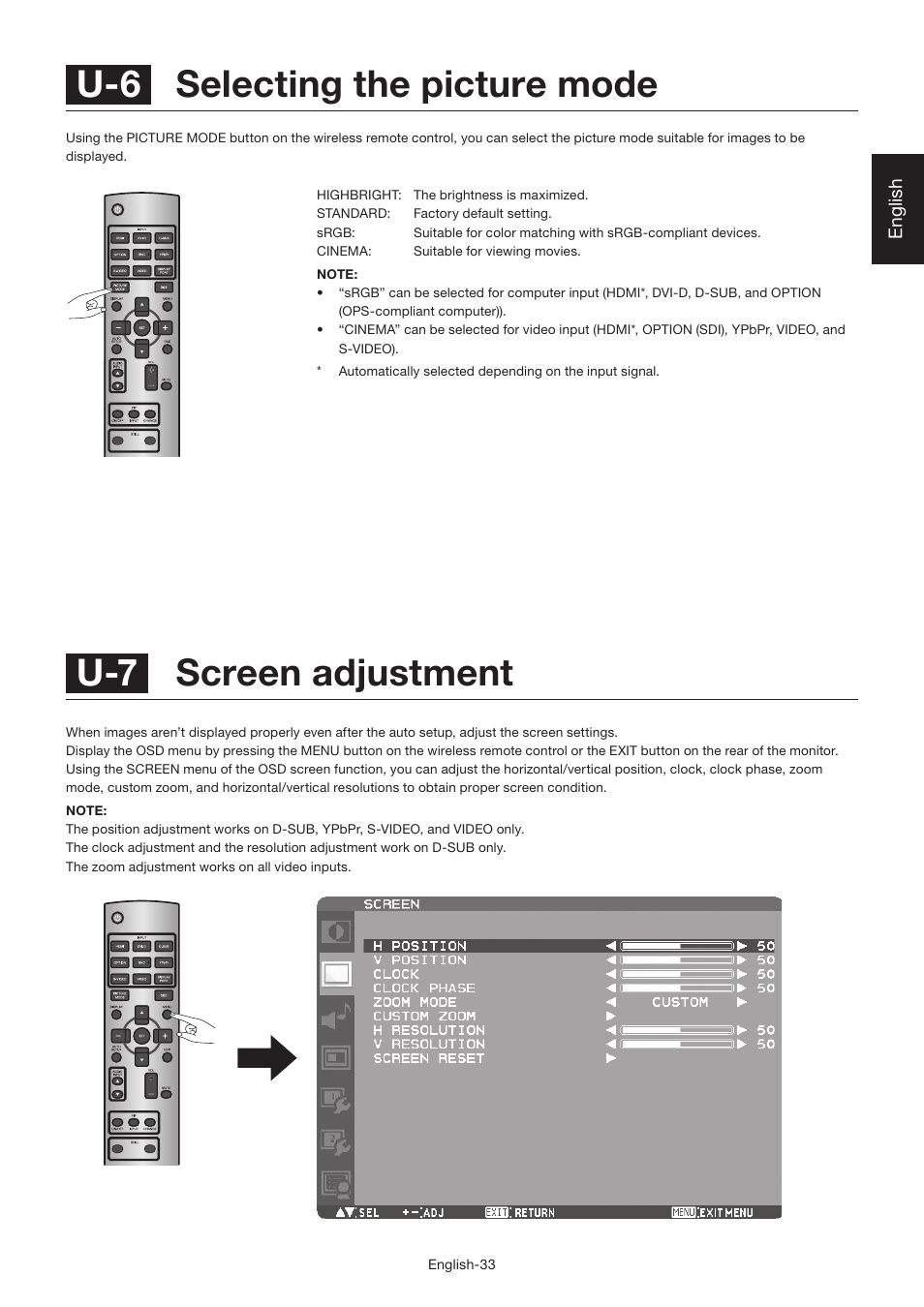 U-7 screen adjustment, U-6 selecting the picture mode | MITSUBISHI ELECTRIC LDT462V User Manual | Page 37 / 368