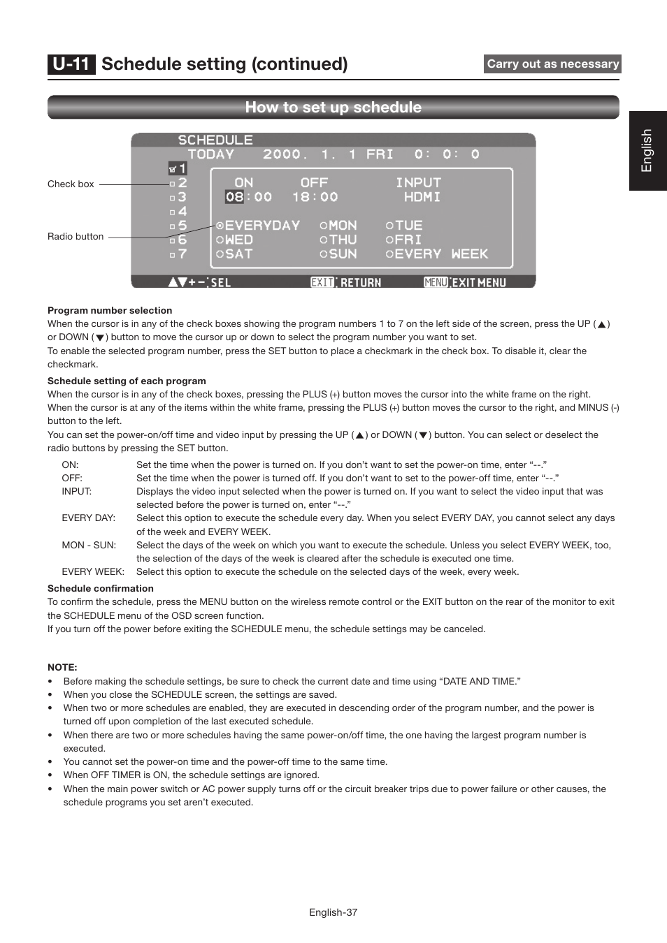 U-11 schedule setting (continued), How to set up schedule, English | MITSUBISHI ELECTRIC LDT462V User Manual | Page 41 / 368