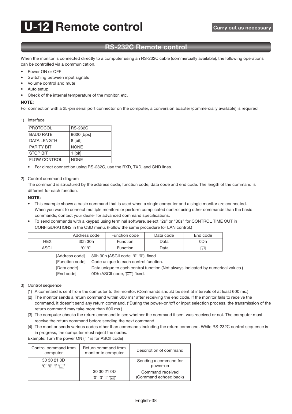 U-12 remote control, Rs-232c remote control | MITSUBISHI ELECTRIC LDT462V User Manual | Page 42 / 368