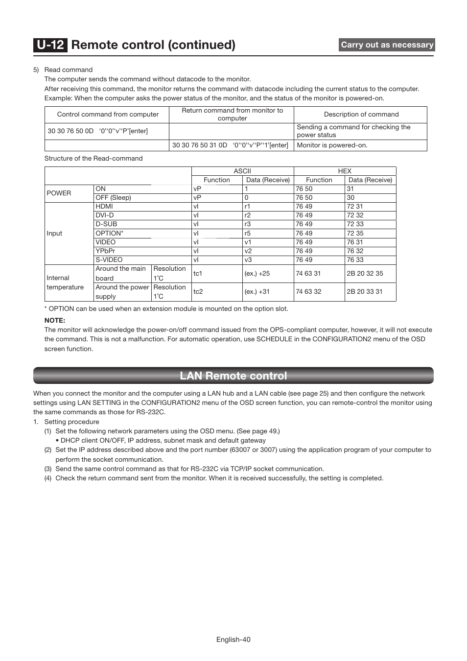 U-12 remote control (continued), Lan remote control | MITSUBISHI ELECTRIC LDT462V User Manual | Page 44 / 368