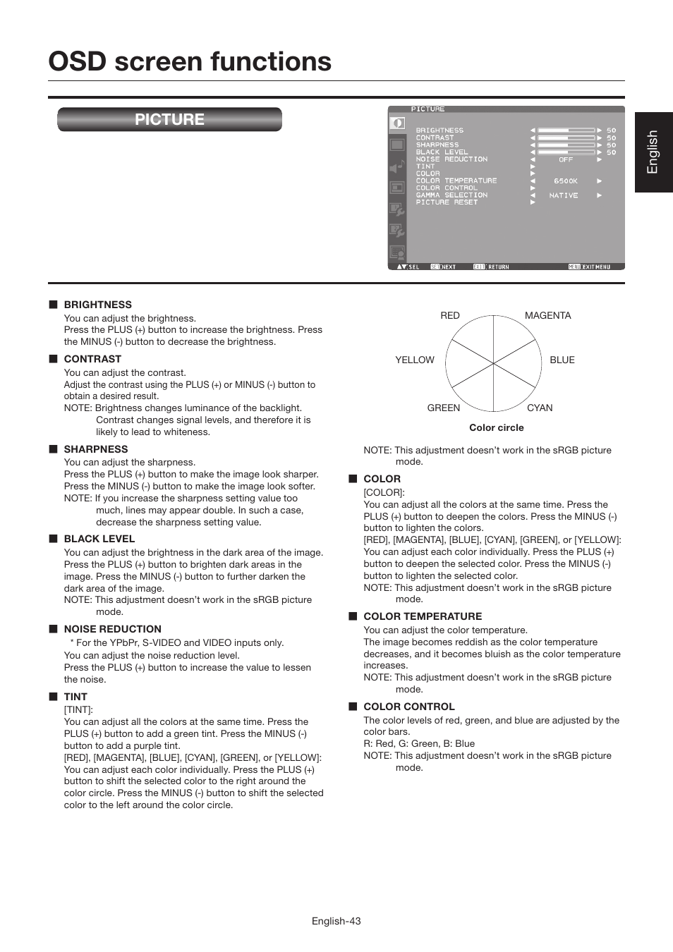 Osd screen functions, Picture, English | MITSUBISHI ELECTRIC LDT462V User Manual | Page 47 / 368